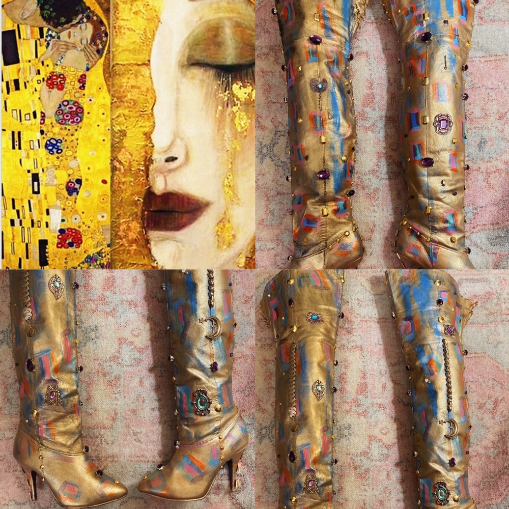 Custom Created Gustav Klimt Over The Knee Leather Heeled Boots